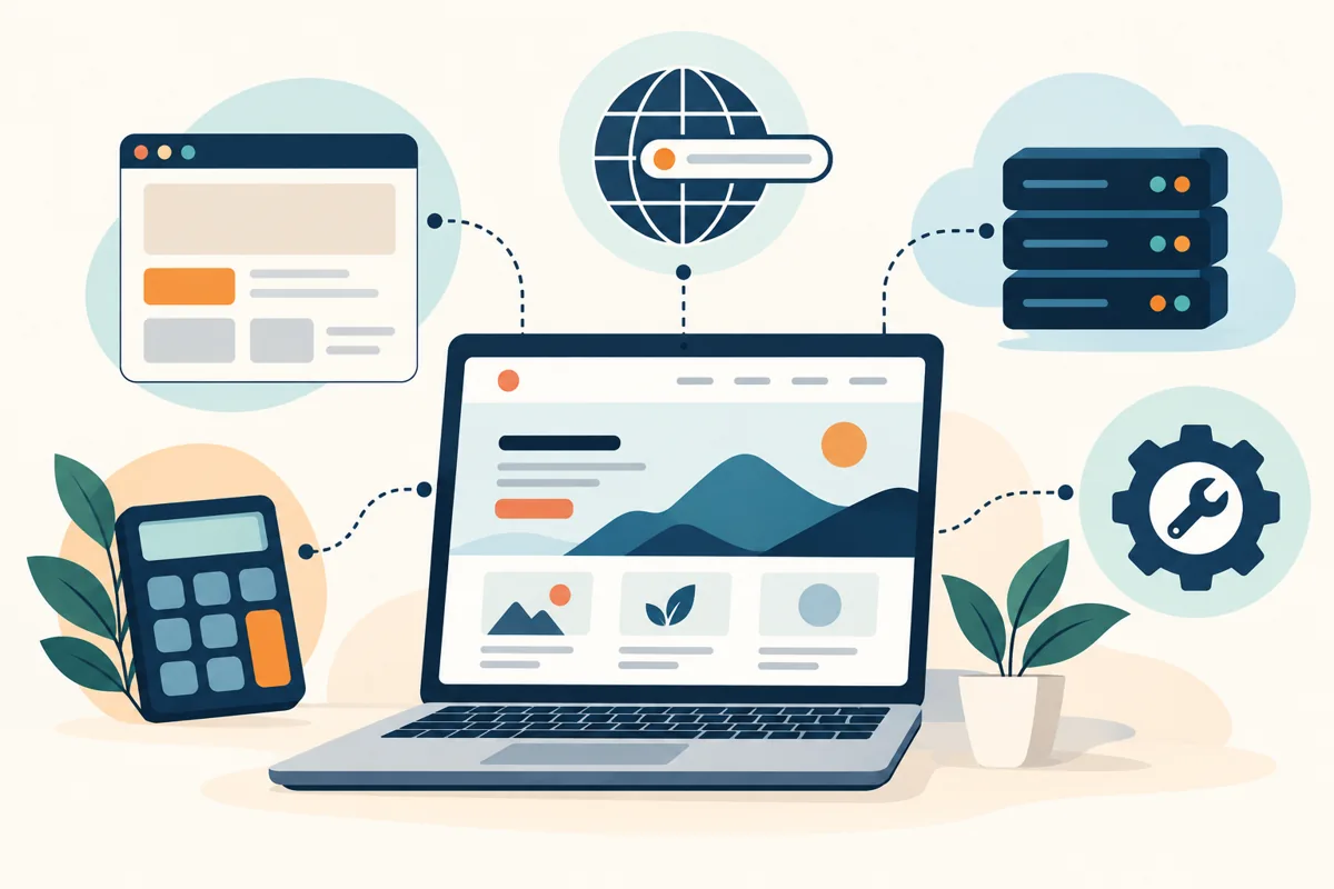 Ilustrasi komponen biaya website: desain, domain, hosting, dan pemeliharaan