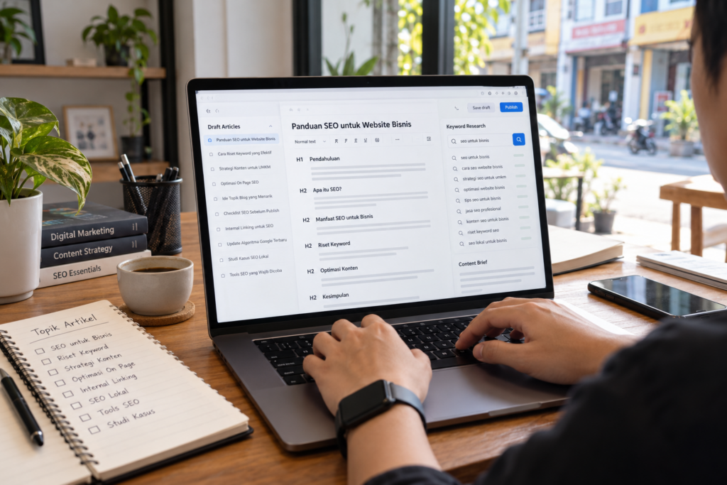 Penyusunan artikel SEO, riset kata kunci, dan struktur konten
