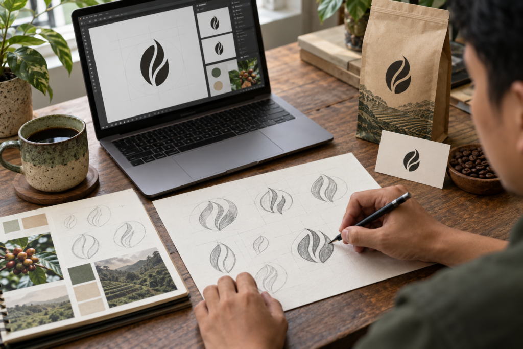 Proses desain logo dari sketsa sampai identitas kemasan