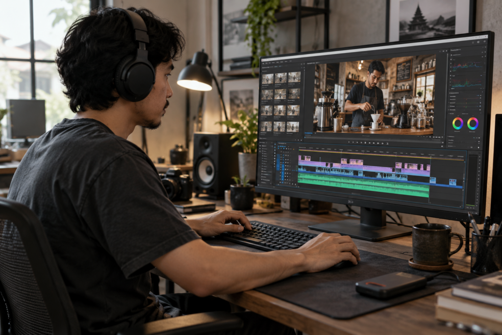 Penyuntingan video dengan preview dan timeline editing