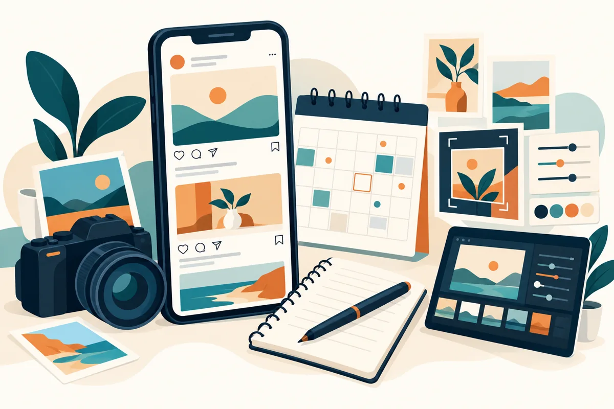 Ilustrasi kalender konten, desain feed, caption, dan produksi visual media sosial