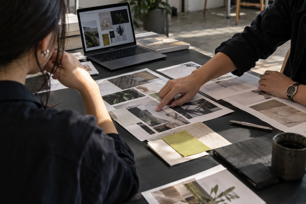 Ilustrasi proses kreatif: moodboard, laptop dan material brand di meja kerja