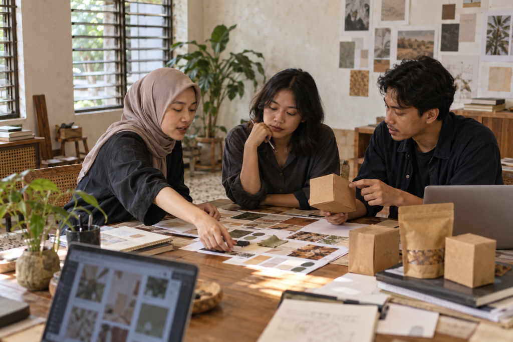 Ilustrasi kolaborasi profesional Indonesia di studio ruko